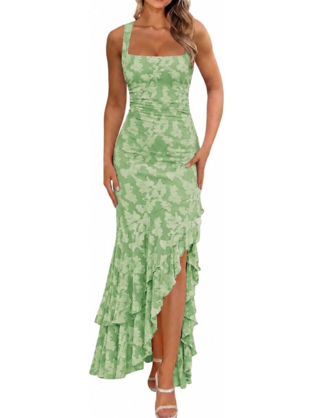 Women's Sage Green Floral Maxi Mermaid Ruffle Ruched Long Dresses Cocktail